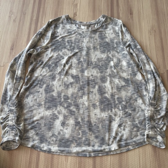 LOGO by Lori Goldstein Ruched Sleeve Printed Woman Top - Neutral Size L - Picture 1 of 7